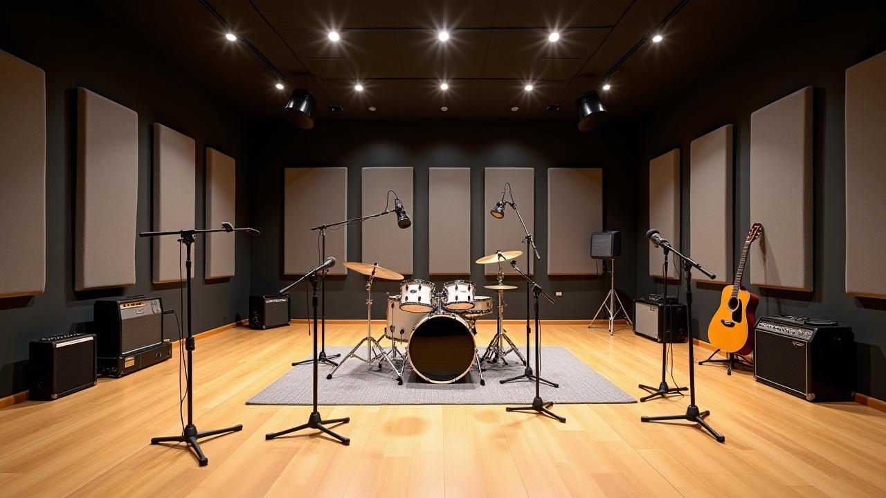 広々としたライブレコーディングルーム、複数のマイクと楽器